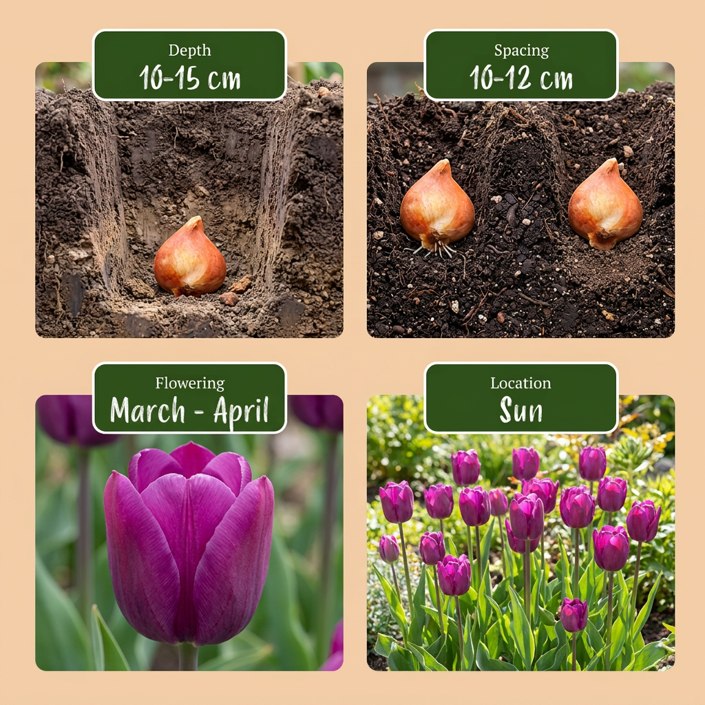Guide de plantation des bulbes de Tulipe Triumph pourpre, incluant profondeur, espacement, floraison et exposition.