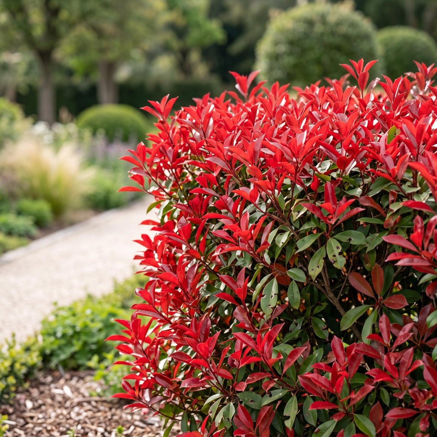 Photinia fraseri Little Red Robin avec ses jeunes pousses rouge vif, faisant face à une allée de jardin bordée d'autres plantes.