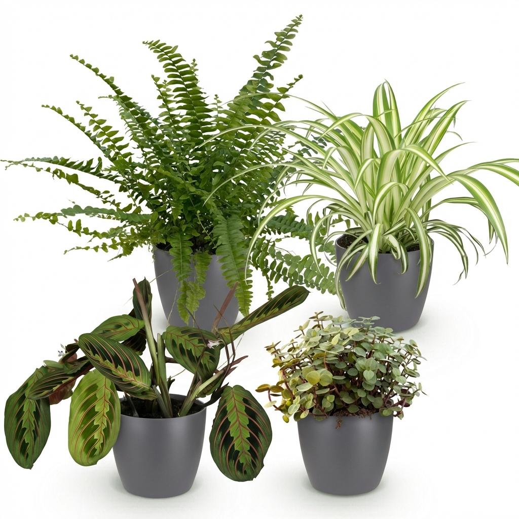Plante d'intérieur - Chlorophytum - Maranta - Calissia - Nephrolepsis - Mix de 4 - Plantes Amicales pour Animaux - Vert - 4 Plantes - avec Pot Gris - Pot 12cm - Hauteur 25cm