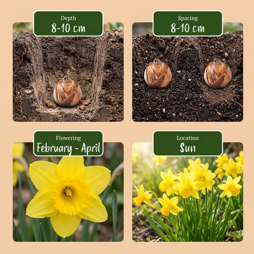 Guide de plantation des bulbes de Narcisse 'February Gold' avec profondeur, espacement, floraison et exposition.