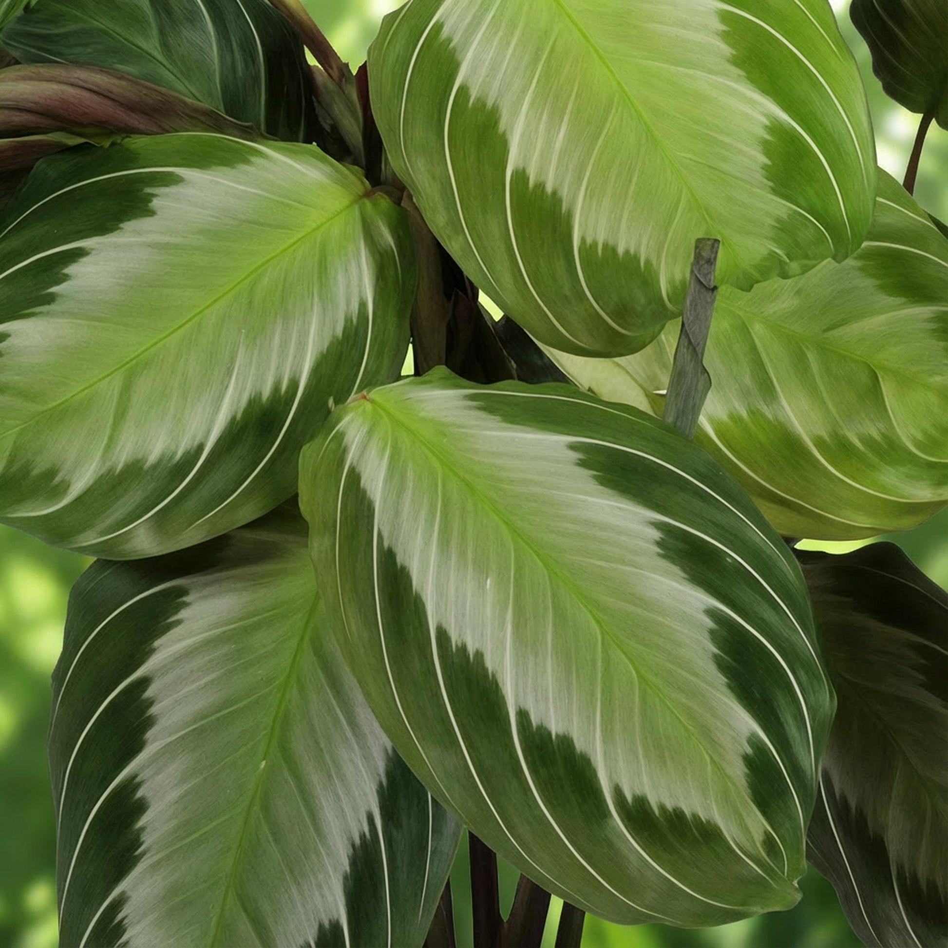 Gros plan sur le feuillage luxuriant et panaché d'une Maranta Fascinator Silverband avec des motifs vert clair et argentés