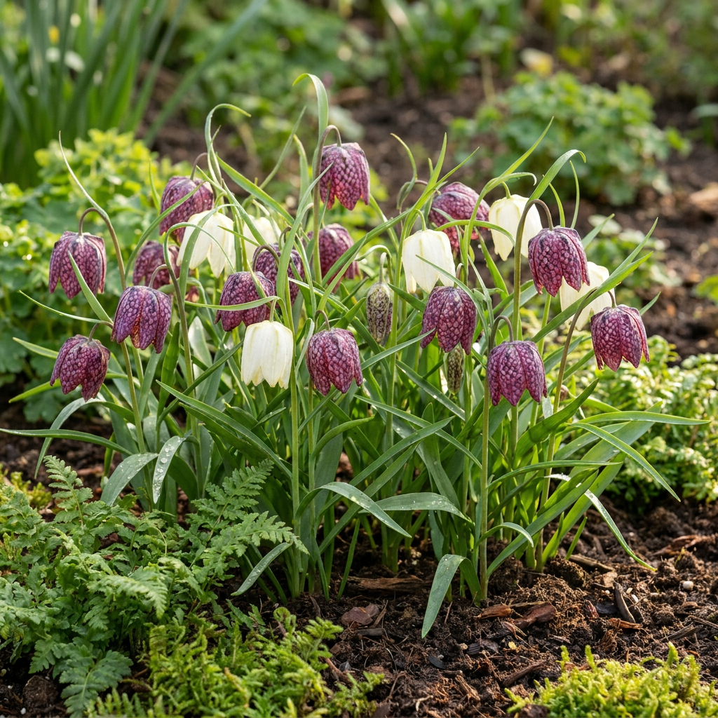 Massif de fritillaires pintades bicolores, blanches et pourpres à motifs échiquier, dans un jardin
