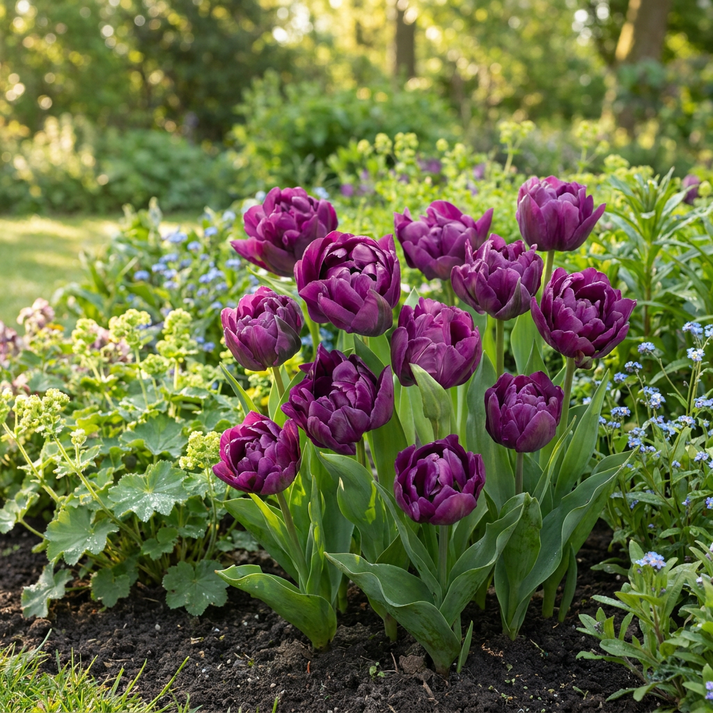 Massif de tulipes doubles lilas en pleine floraison dans un jardin printanier.
