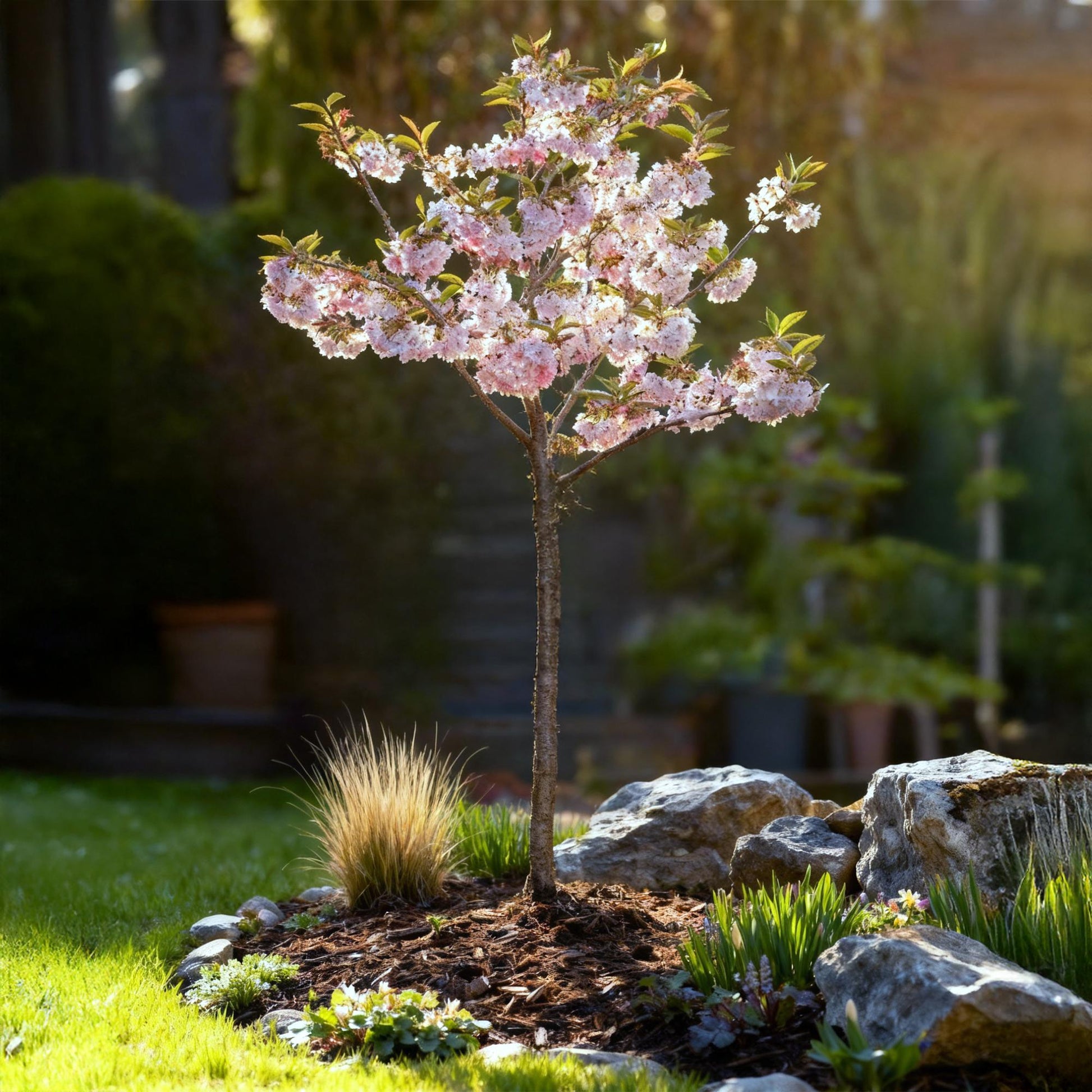 Prunus incisa Koujou-no-mai : jeune arbre fleuri de fleurs blanches/roses pâle, planté au milieu d'un petit parterre de paillis, entouré de 