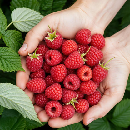 Framboise Rubus idaeus Ottawa : mains tenant une généreuse récolte de framboises rouges juteuses, feuillage vert en arrière-plan.