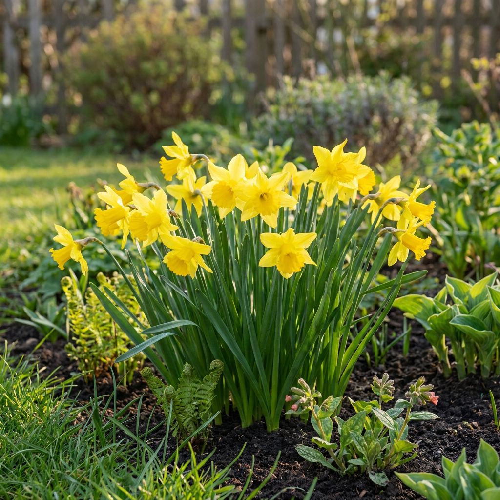 Massif de narcisses 'February Gold' en pleine floraison dans un jardin ensoleillé au printemps.
