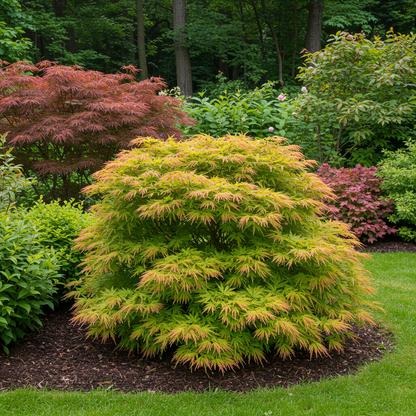 Érable du Japon Matamorphosa. Un grand buisson d'érable du Japon aux feuilles vertes avec des pointes rougeâtres, dans un jardin paysager.