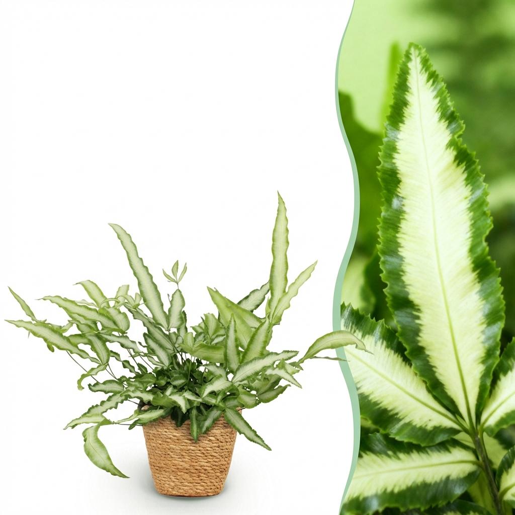 Pteris cretica Albolineata fougère panachée pet-friendly en pot 12cm avec cache-pot blanc, plante d'intérieur