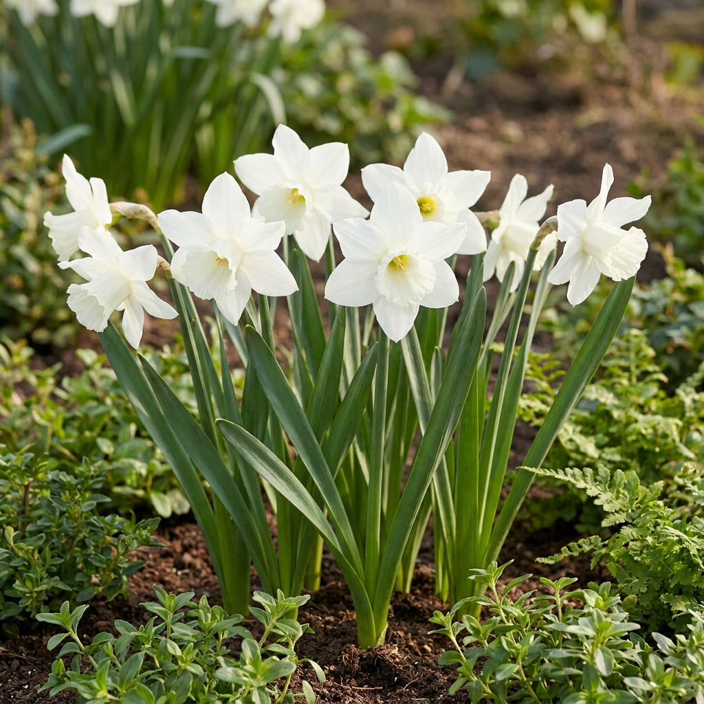 Narcisses botaniques blancs en fleurs, avec des feuilles vertes, plantés dans un jardin printanier.