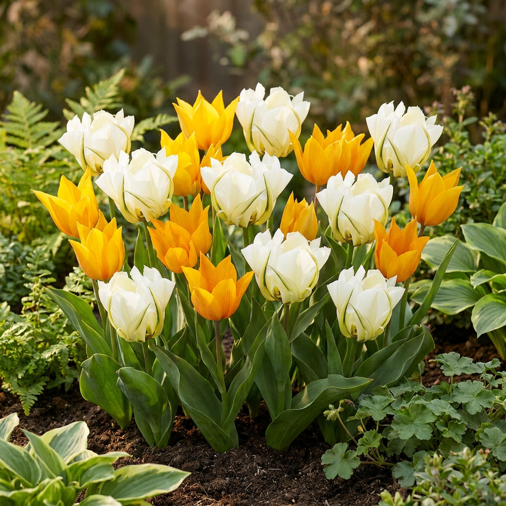 Massif de tulipes 'Sunbath' jaunes et blanches dans un jardin au printemps.