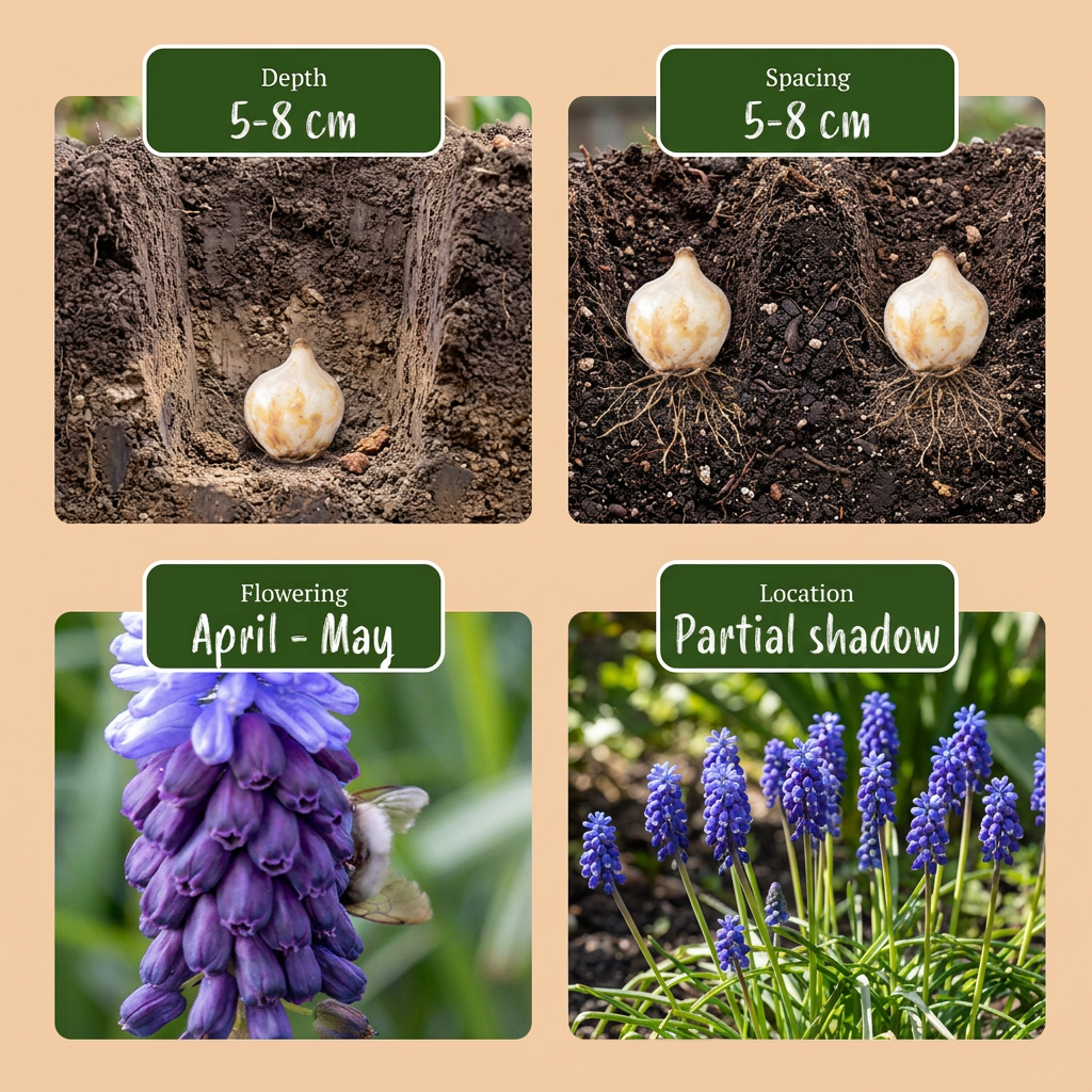 Guide de plantation des bulbes de Muscari à larges feuilles, incluant profondeur, espacement, floraison et exposition.