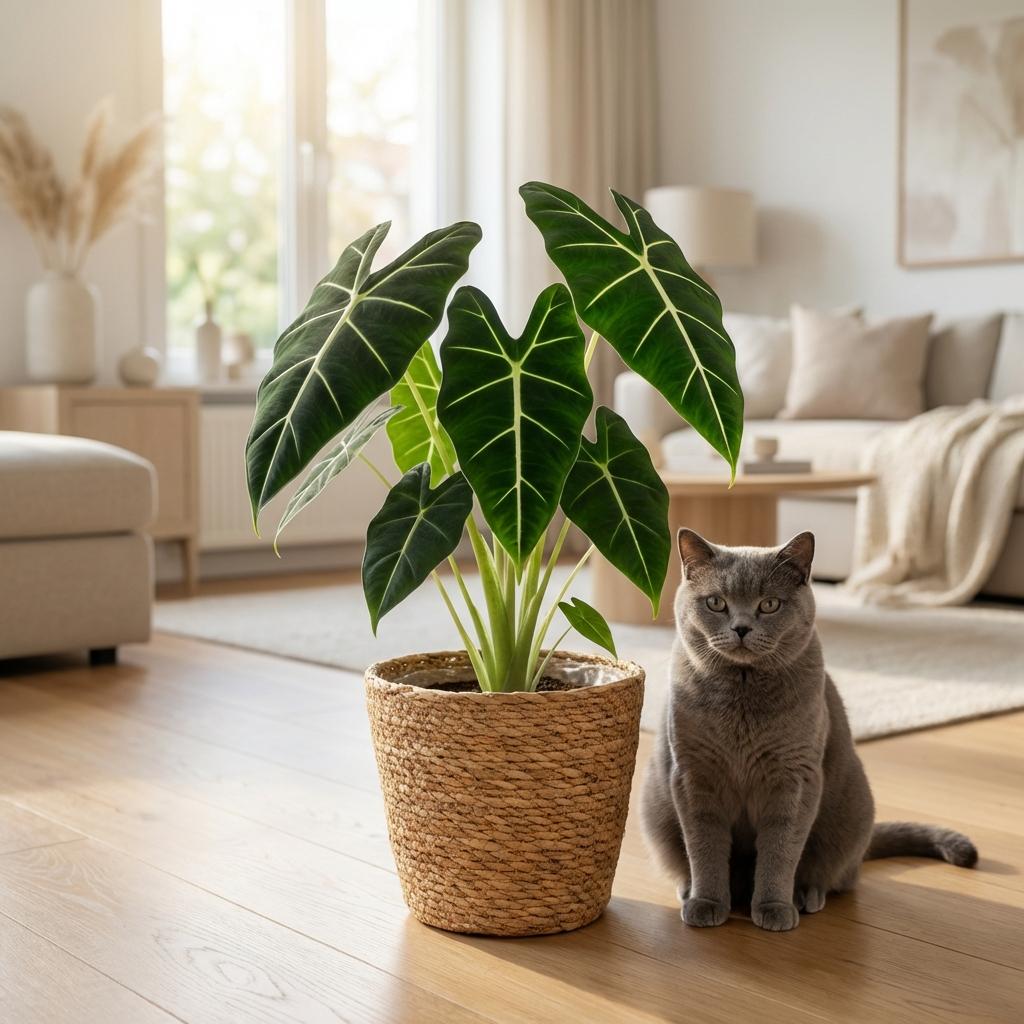 Plante d'intérieur - Oreille d'éléphant - Alocasia Frydek - Vert - Peu d'entretien - 1 Plante - avec Panier - Pot 19cm - Hauteur 60cm