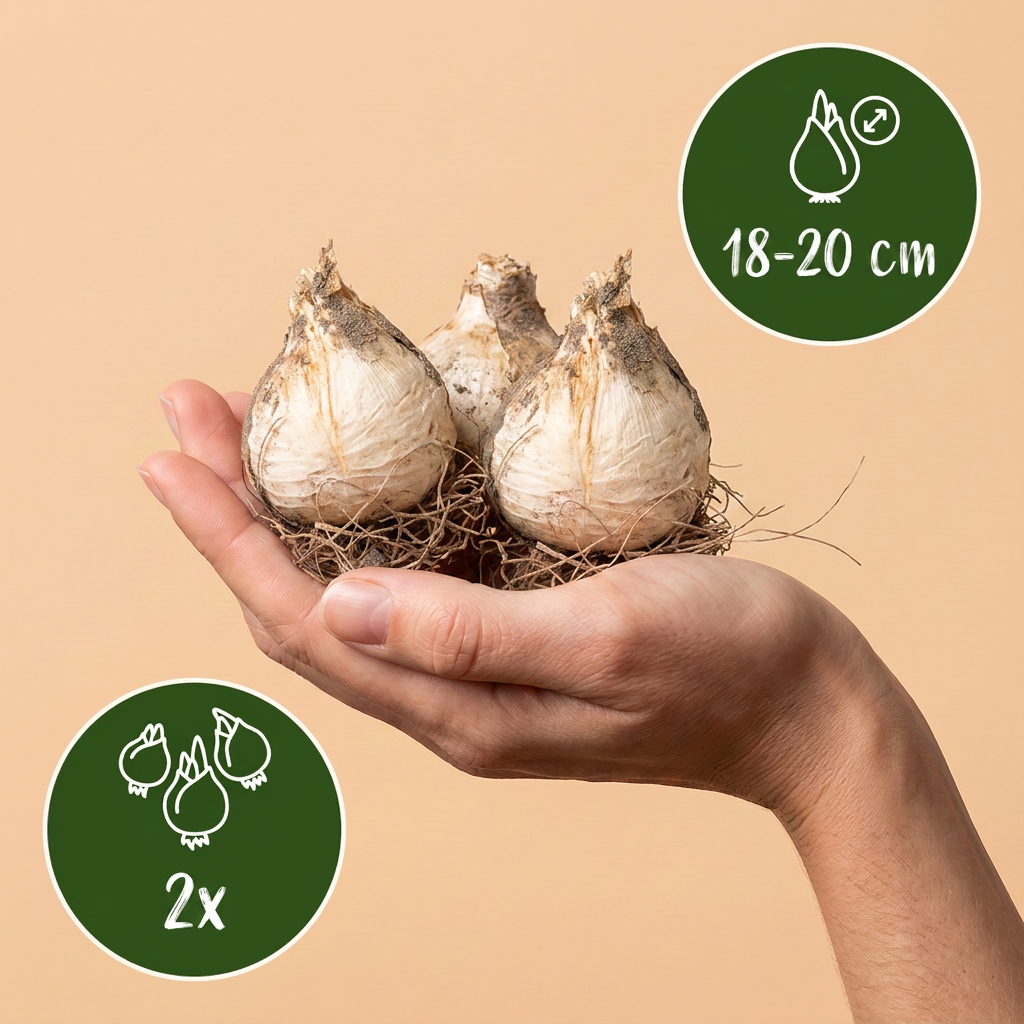 Bulbes d'Ail d'ornement 'Pinball Wizard' tenus dans une main, calibre 18-20 cm, lot de 2 bulbes.