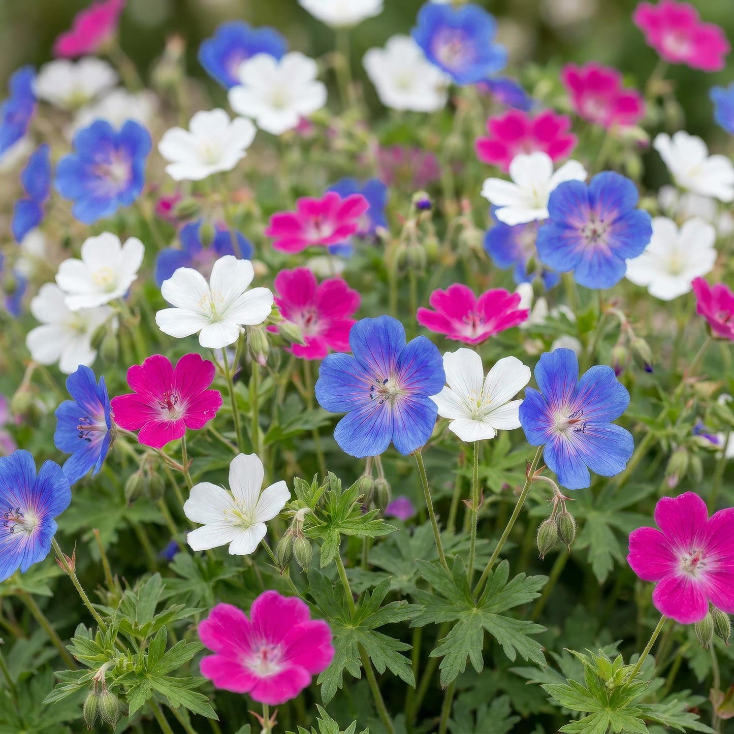 Géranium Tricolour avec des fleurs épanouies aux couleurs vives : magenta, bleu violet et blanc pur.