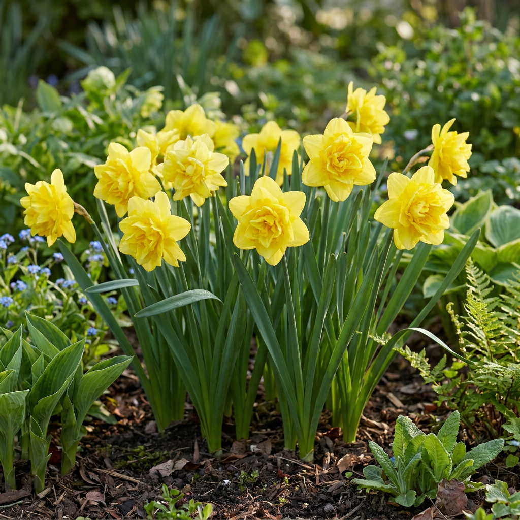 Narcisses 'Golden Ducat' à fleurs doubles jaunes vif épanouis dans un jardin printanier