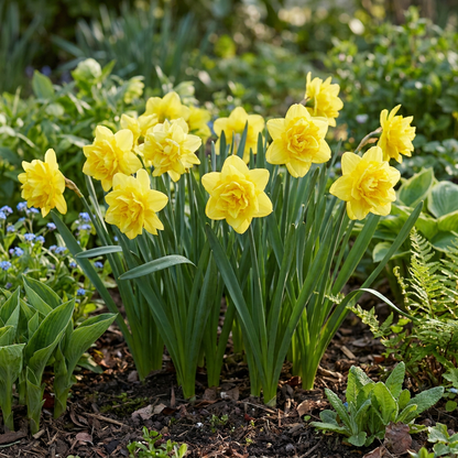 Narcisses 'Golden Ducat' à fleurs doubles jaunes vif épanouis dans un jardin printanier