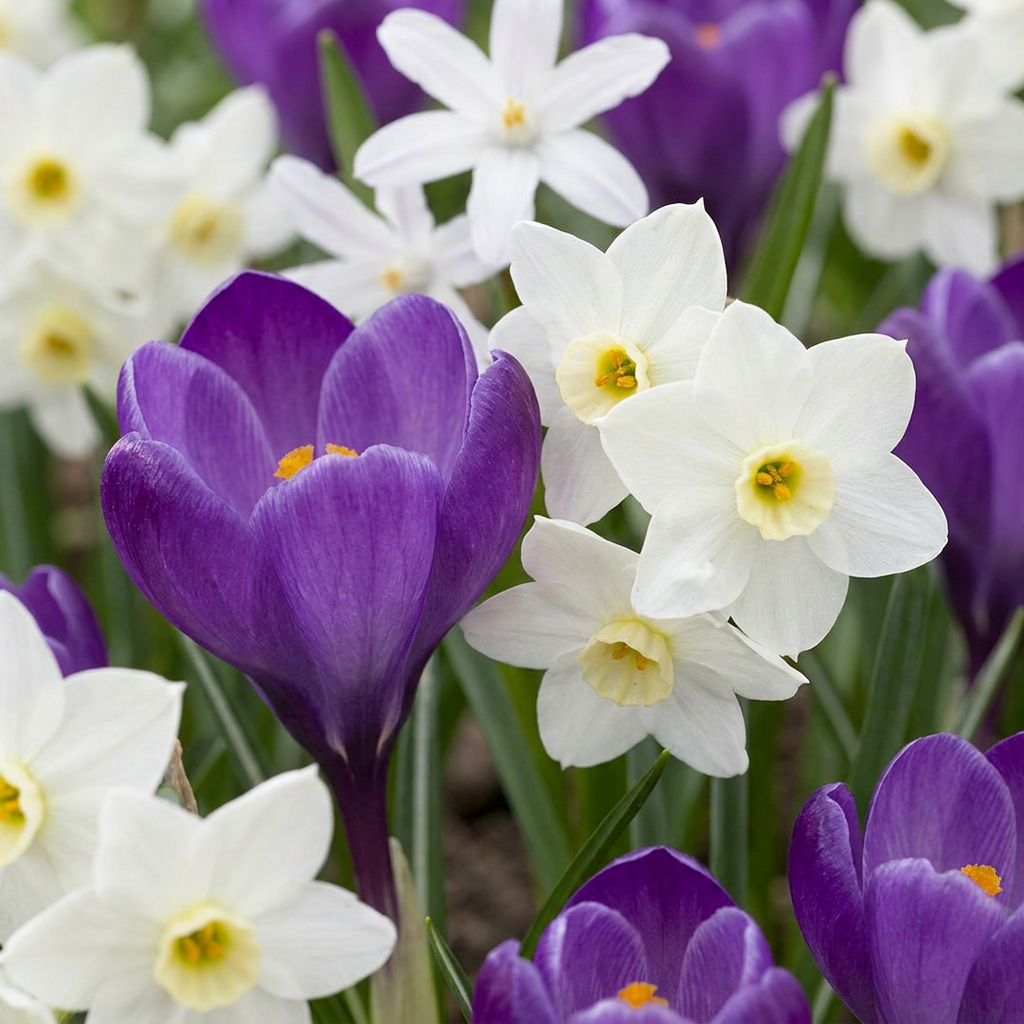 Mélange de bulbes pour jardin d'ombre avec des crocus violets et des narcisses nains blancs en fleurs.