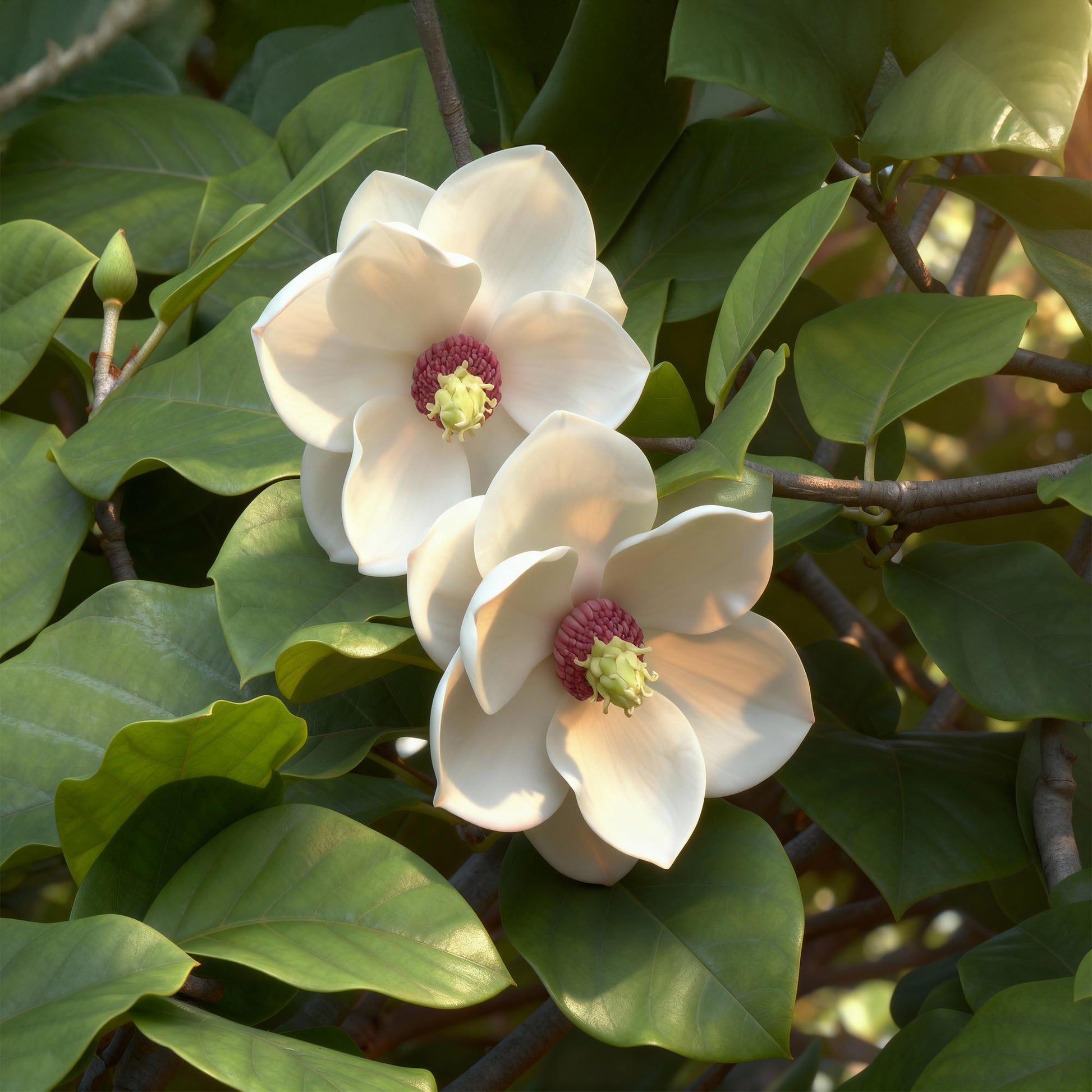 Magnolia grandiflora : gros plan sur deux magnifiques fleurs blanches avec un cœur rose et vert, entourées de feuillage vert luxuriant.