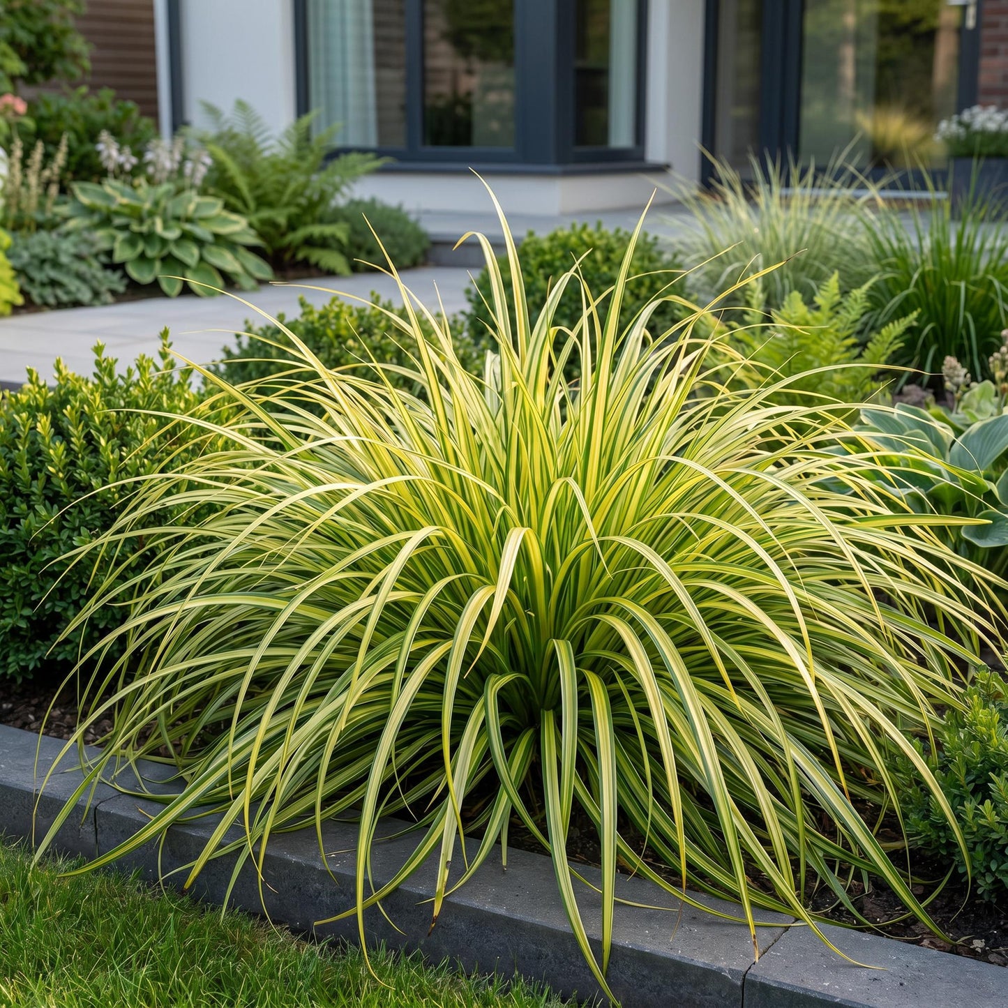 Carex oshimensis Evergold : Jonc japonais persistant aux feuilles jaune-vert, idéal en massif ou bordure dans un jardin contemporain.