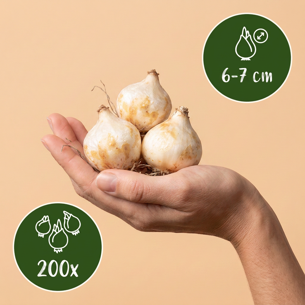 Bulbes de Muscari 'White Magic' tenus dans une main, calibre 6-7 cm, lot de 200 bulbes.