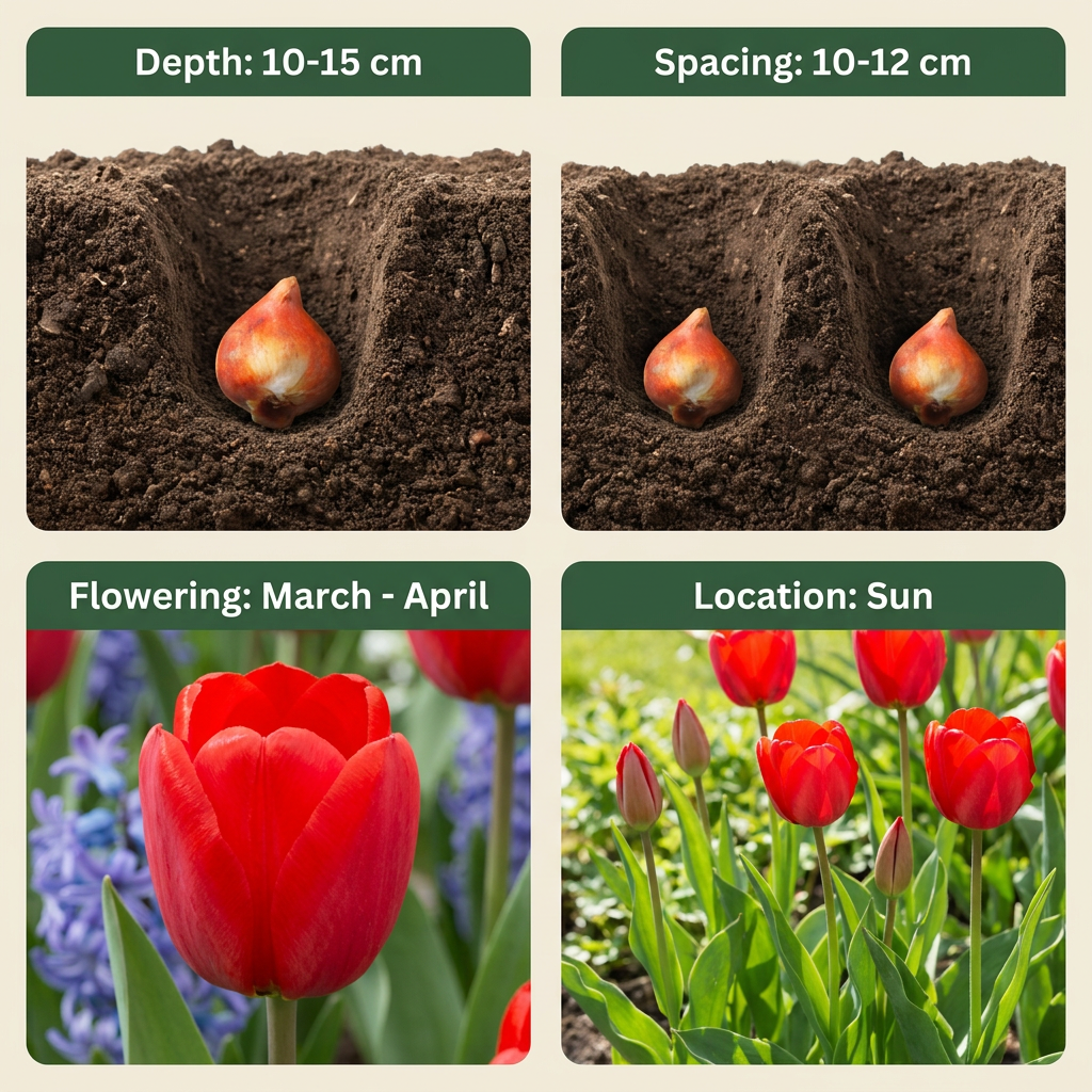 Guide de plantation des bulbes de Tulipe Triumph rouge, profondeur, espacement, floraison et exposition.