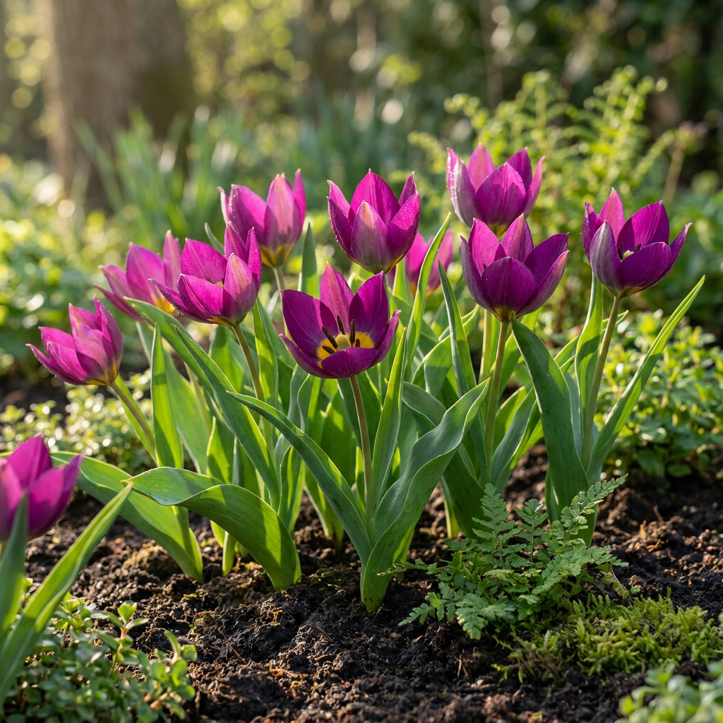 Massif de tulipes 'Persian Pearl' aux fleurs violettes éclatantes dans un jardin ensoleillé.