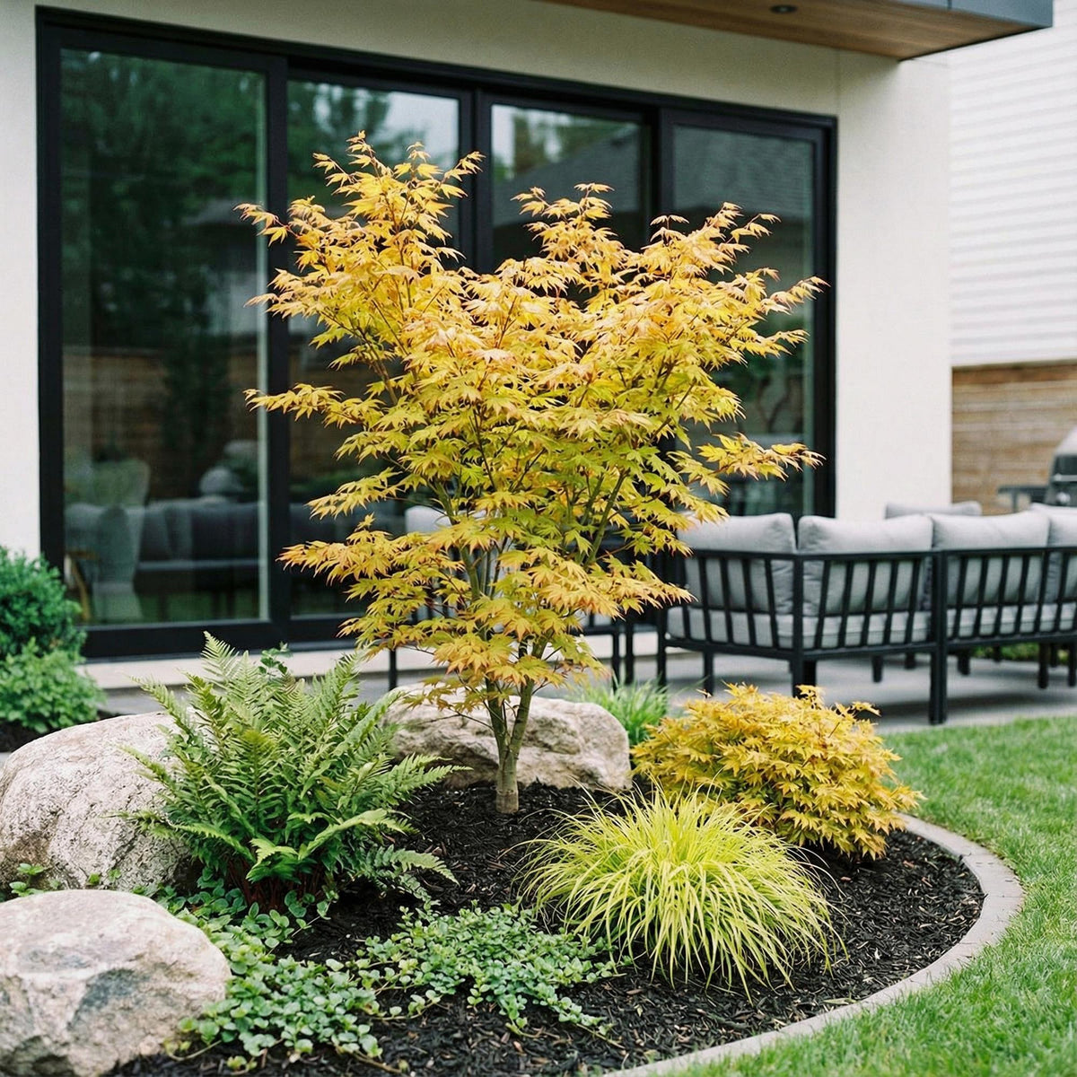 Acer palmatum Orange Dream, érable japonais aux feuilles jaune-orangé, planté dans un aménagement paysager moderne avec rochers et autres vé