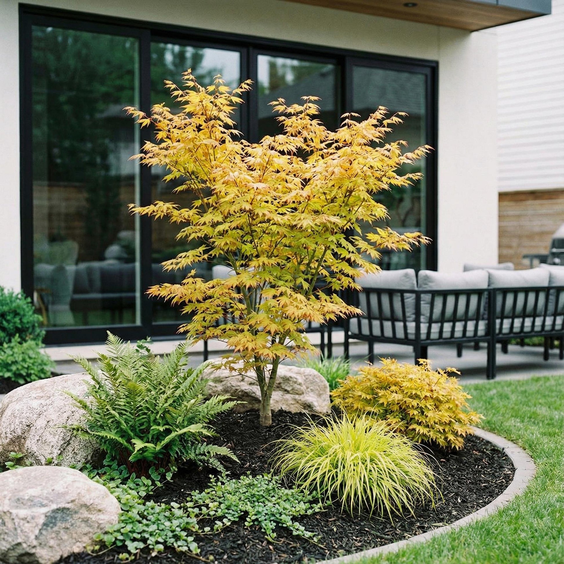 Acer palmatum Orange Dream, érable japonais aux feuilles jaune-orangé, planté dans un aménagement paysager moderne avec rochers et autres vé