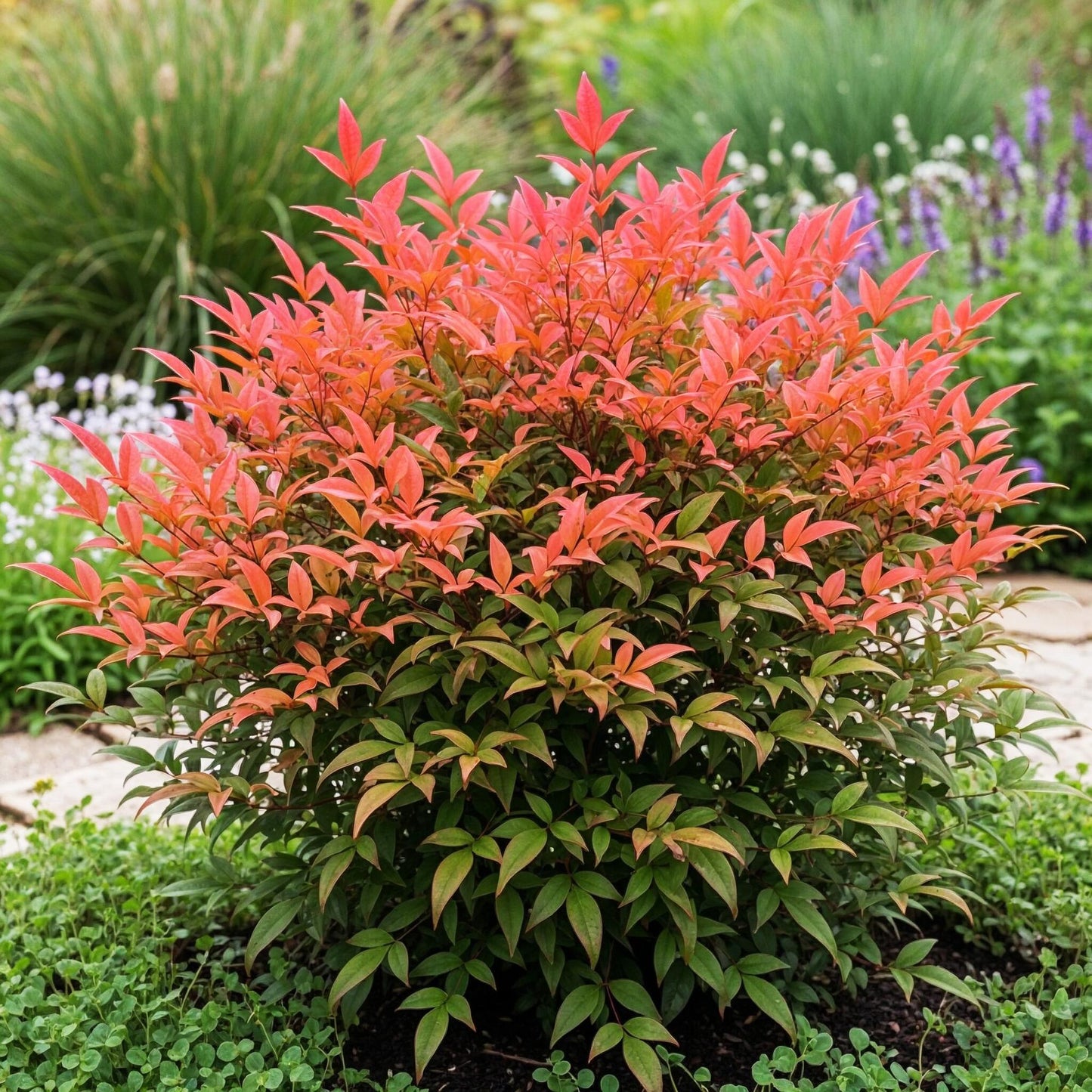 Nandina Obsessed. Une touffe compacte et arbustive de nandina Obsessed, avec un feuillage aux couleurs vives allant du vert au rouge orangé.