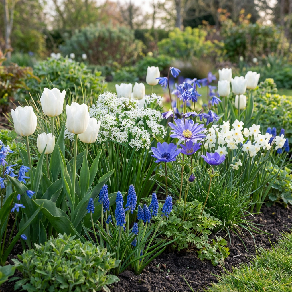 Massif de fleurs avec des tulipes blanches, des anémones bleues et des muscaris bleus, pour un mélange de bulbes bleus.
