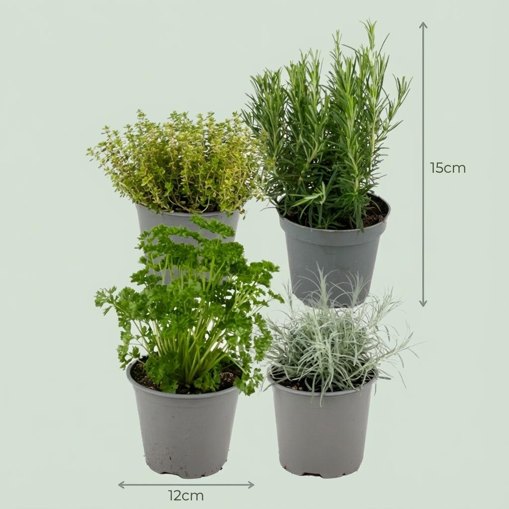 Mélange d'Herbes Italiennes : 4 plants en pot (thym, persil, romarin, herbe grise) sur fond vert clair, avec les dimensions indiquées (15 cm