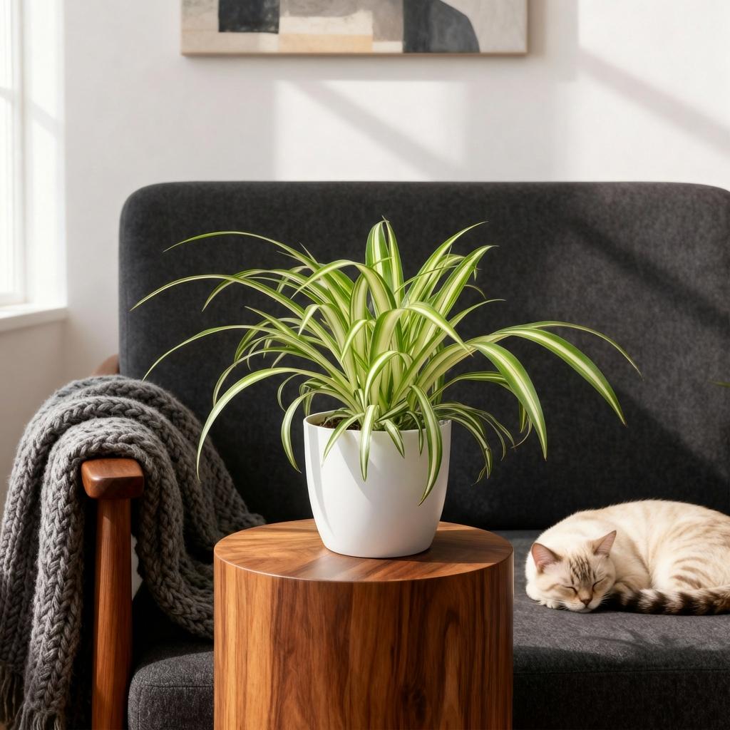 Plante d'intérieur - Chlorophytum comosum Variegatum - Plante Araignée Panachée - Plante Amie des Animaux - Verte - 1 Plante - avec Potter Blanc - Pot 12cm - Hauteur 20cm