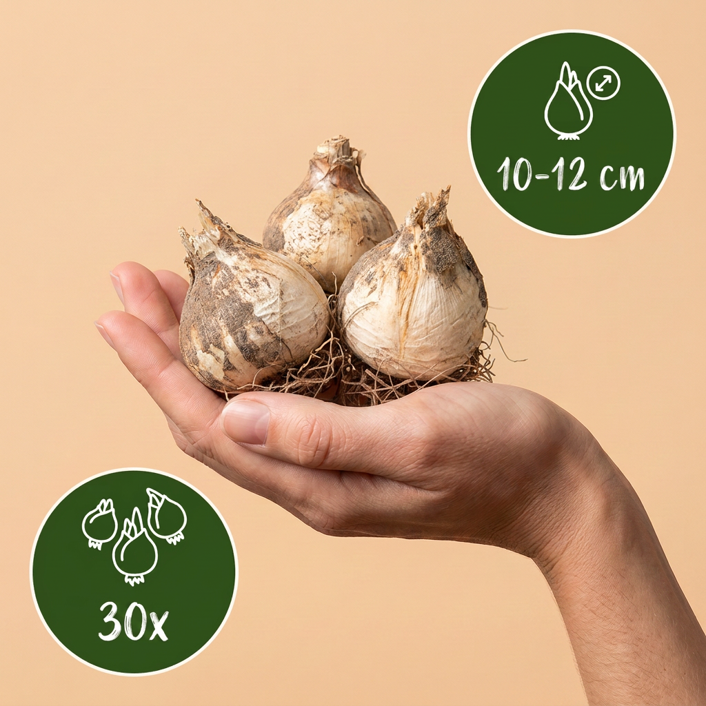 Bulbes d'Ail d'ornement 'Purple Sensation' tenus dans une main, calibre 10-12 cm, lot de 30 bulbes.