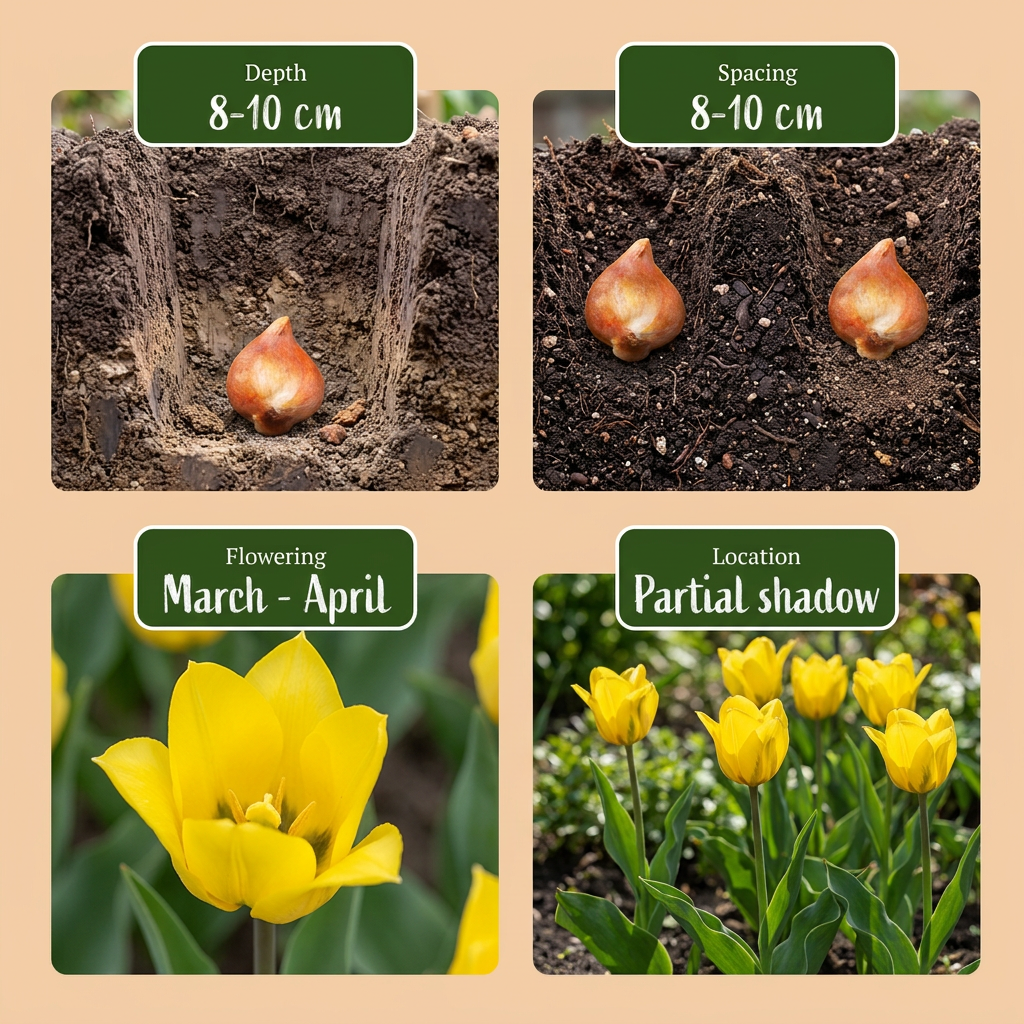 Guide de plantation des bulbes de Tulipe des bois avec profondeur, espacement, floraison (mars-avril) et exposition (ombre