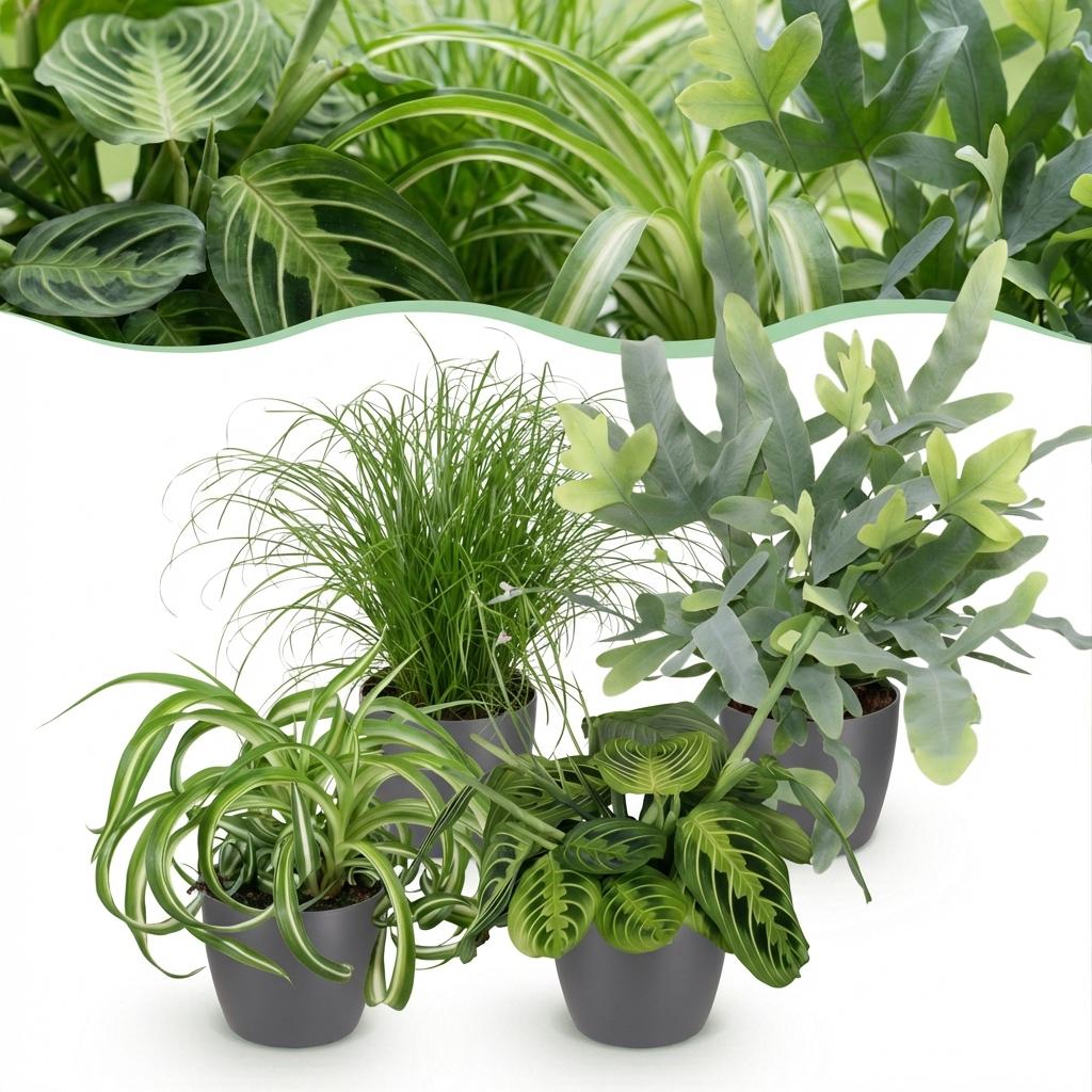 Plante d'intérieur - Chlorophytum - Cyperus - Phlebodium - Marantha - Mix de 4 - Plantes Amicales pour Animaux - Vert - 4 Plantes - avec Pot Gris - Pot 12cm - Hauteur 25cm