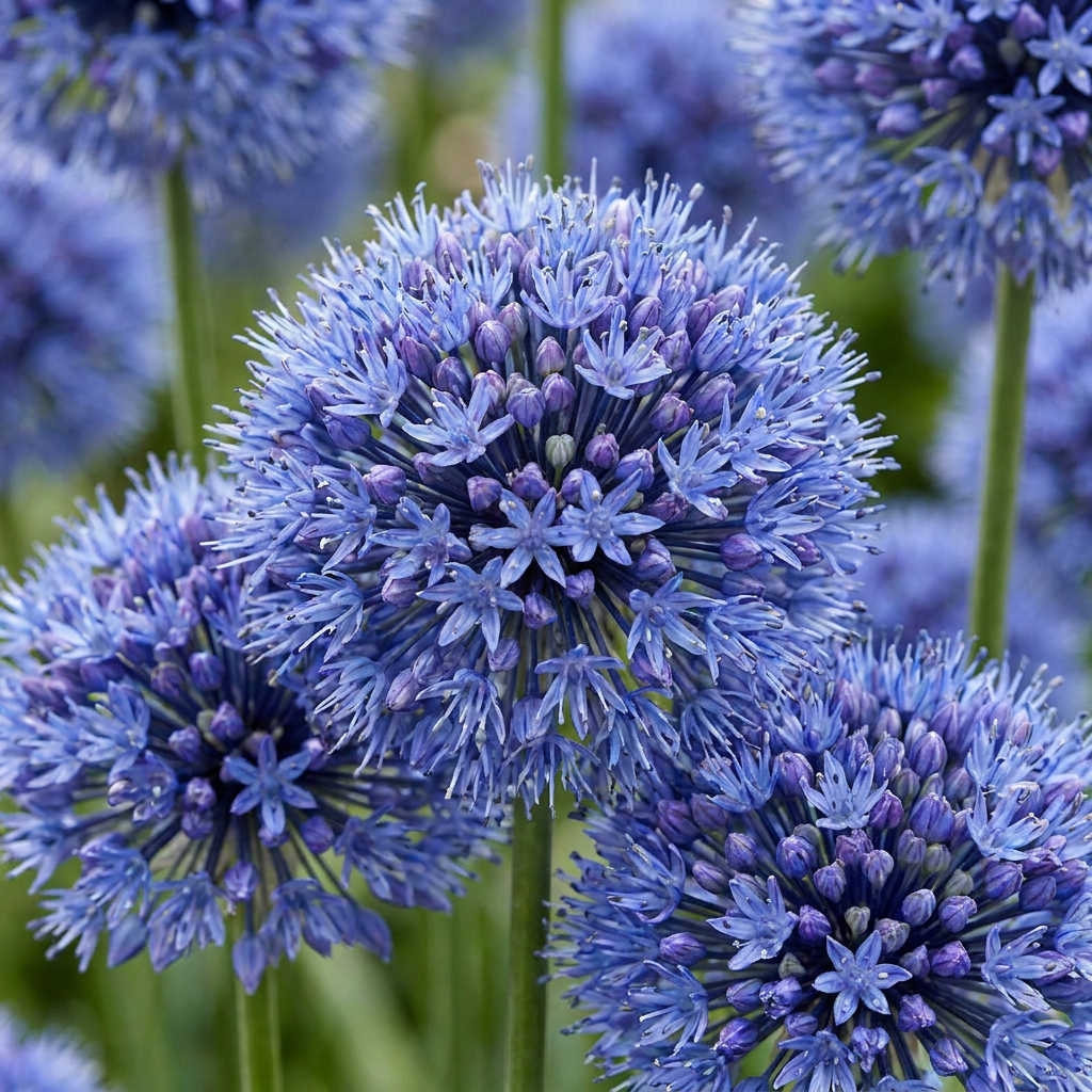 Ail d'ornement Caeruleum avec de nombreuses fleurs sphériques bleues, ajoutant une touche vibrante au jardin.