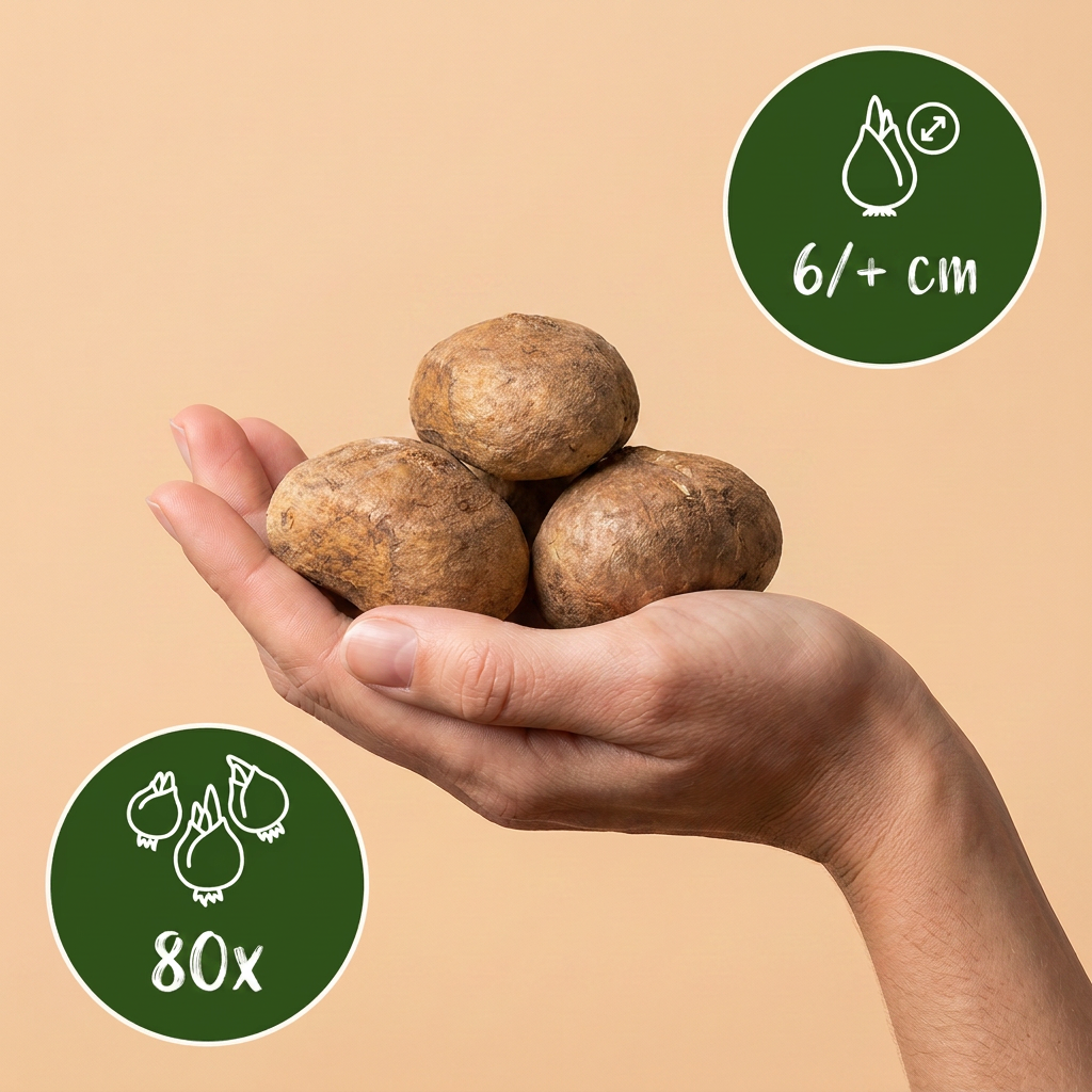 Bulbes de Corydale 'Beth Evans' tenus dans une main, lot de 80 bulbes.