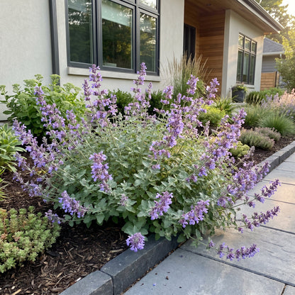 Nepeta faassenii, également connue sous le nom d'herbe à chat, en pleine floraison avec ses délicates fleurs violettes dans un jardin ensole