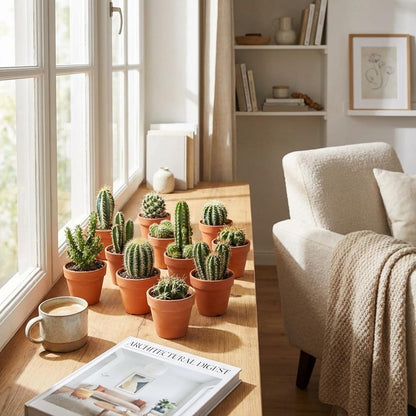 Plusieurs mini mélange de cactus en pots de terre cuite, posés sur un rebord de fenêtre en bois, avec une tasse et un livre à côté dans une
