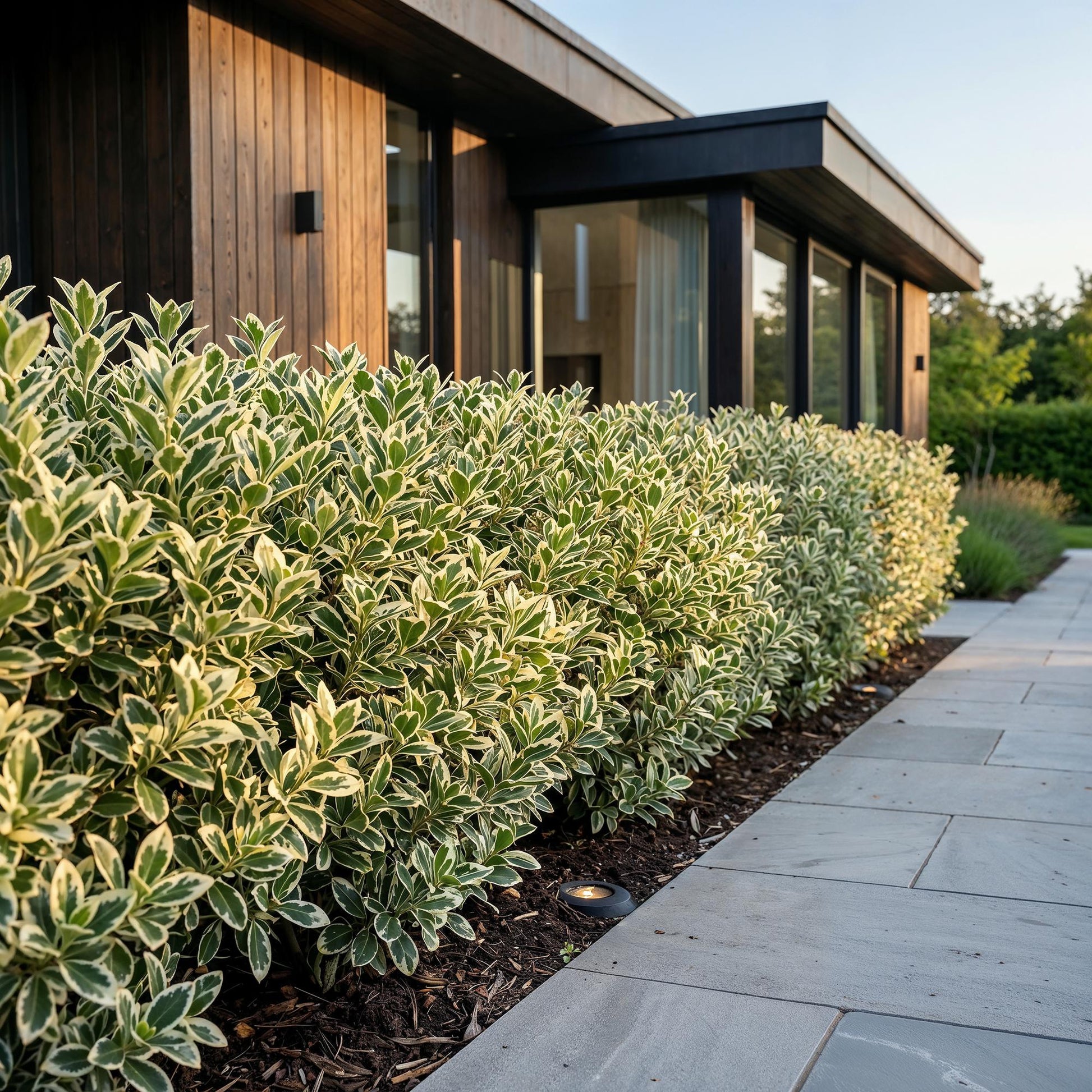 Euonymus japonicus White Spire. Haie de fusain persistant aux feuilles panachées, illuminée par le soleil devant une maison moderne.