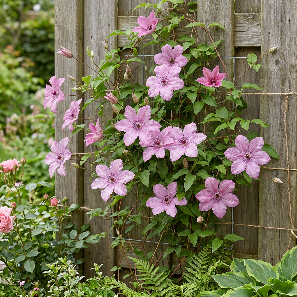 Clématite 'Hagley Hybrid' (Clematis) - grimpante à grandes fleurs rose nacré