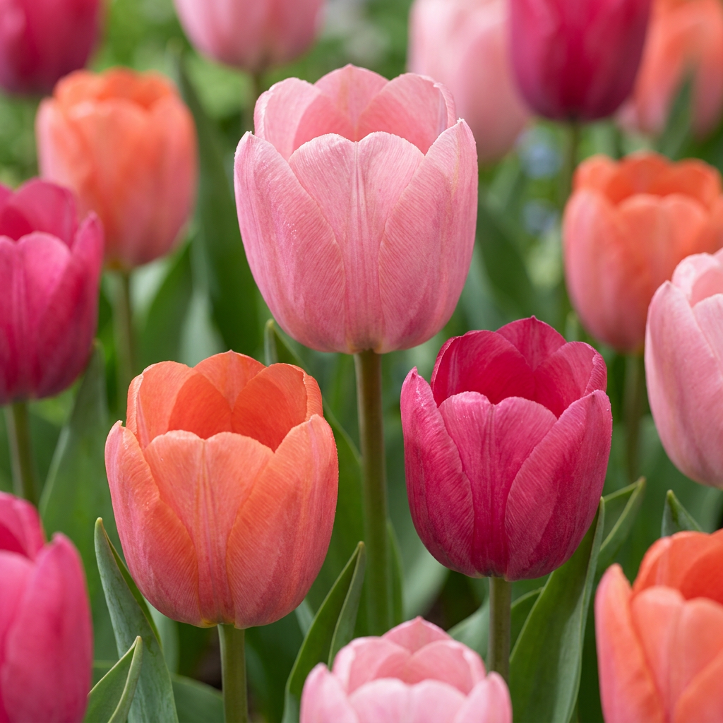 Massif de tulipes 'Positive Vibe' aux couleurs variées, allant du rose pâle au fuchsia et à l'orange.