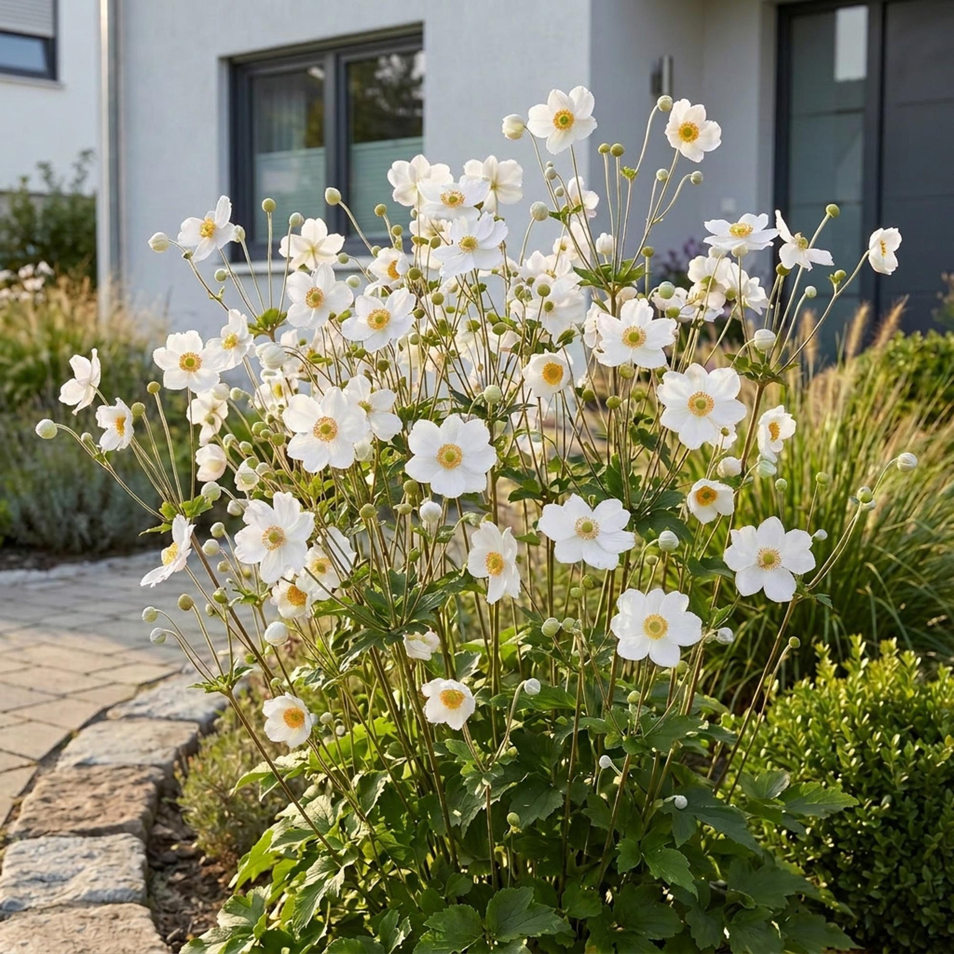Anémone d'automne Honorine Jobert, avec ses fleurs blanches lumineuses et cœur jaune, embellit un jardin devant une maison moderne.
