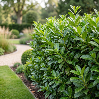 Prunus laur. Novita : Une haie dense et luxuriante de Cerisiers lauriers dans un jardin paysager, bordant une allée sinueuse et une pelouse.