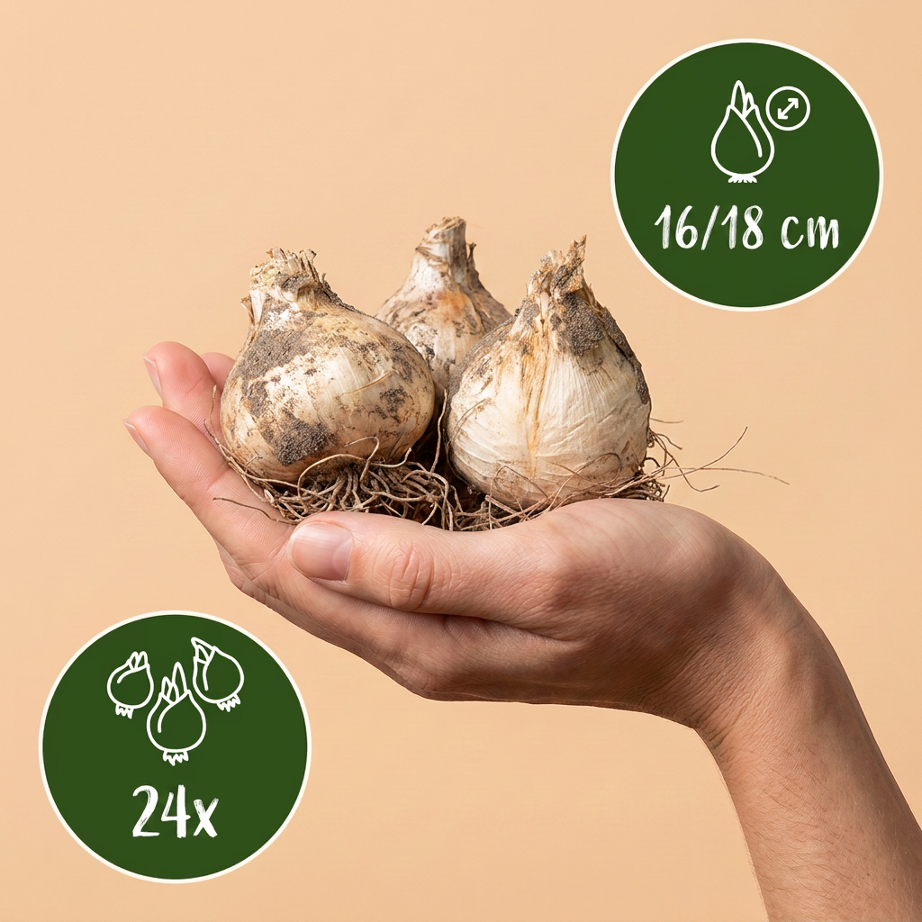 Bulbes d'Ail d'ornement 'Mount Everest' tenus dans une main, calibre 16-18 cm, lot de 24 bulbes.
