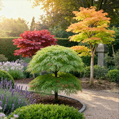 Acer palmatum Tricolour dans un jardin luxuriant. Un érable vert vif au premier plan, des érables rouges et orange à l'arrière-plan.