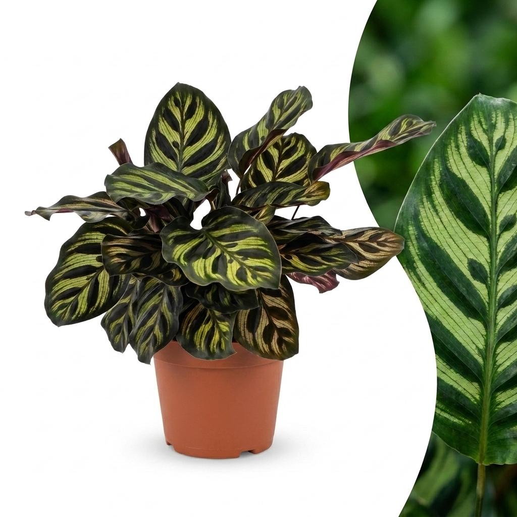 Cette plante Calathea Makoyana, appelée Plante Paon, présente un feuillage vert sombre aux motifs plus clairs, dans un pot de 12cm