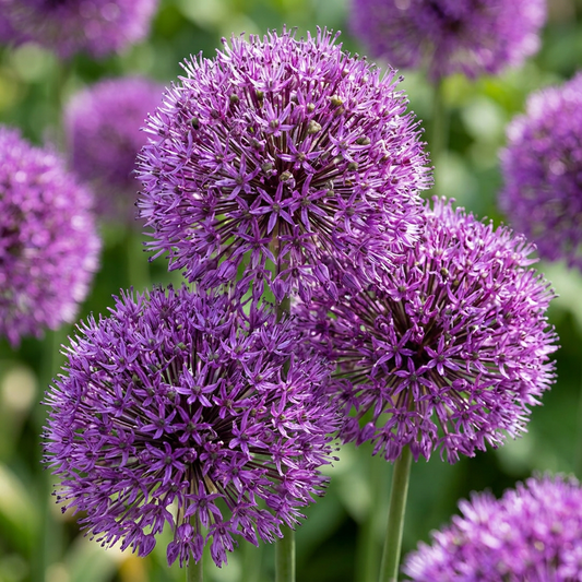 Gros plan sur les floraisons sphériques violettes de l'Ail d'ornement 'Purple Sensation'.
