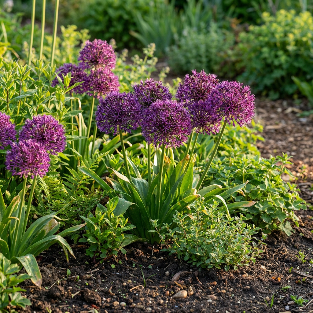 Massif d'ail d'ornement 'Miami' (Allium) aux grandes fleurs sphériques violettes dans un jardin ensoleillé.