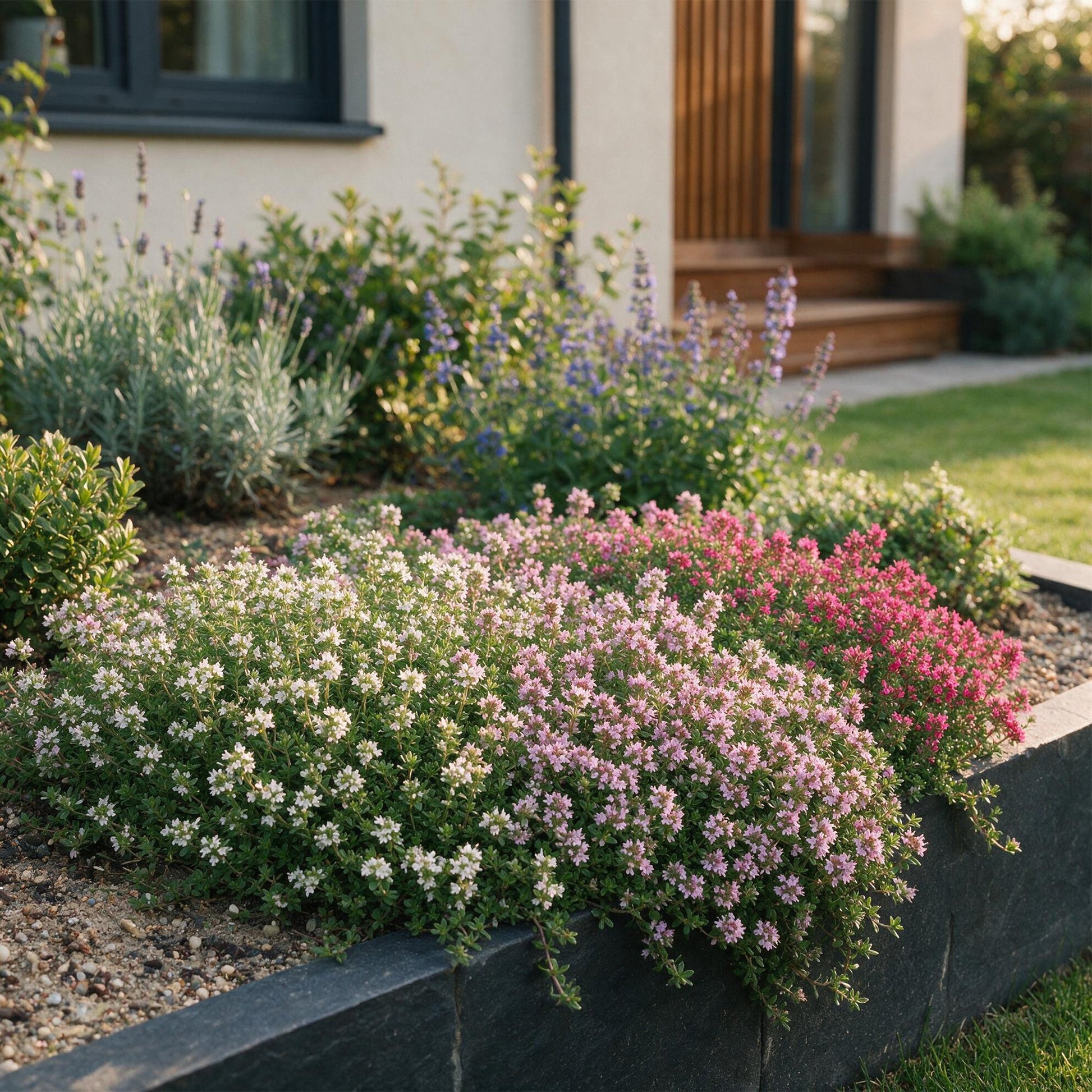 Thymus Tricolour en fleurs roses et blanches, couvre-sol dans un parterre devant une maison moderne.